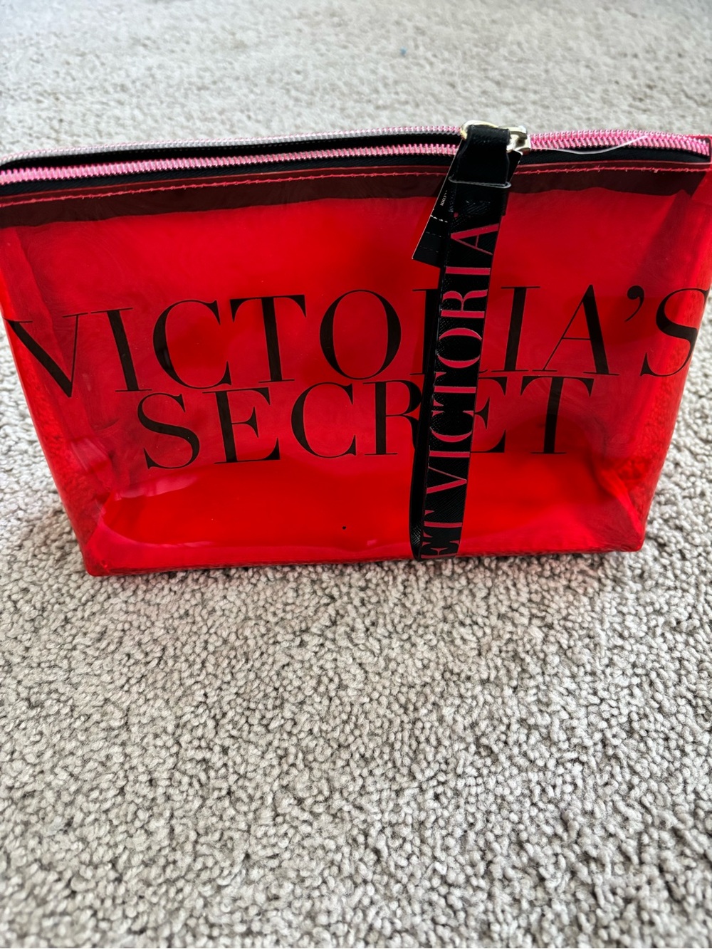Victoria's Secret Red Clear Cosmetic Pouch with Black Logo Strap